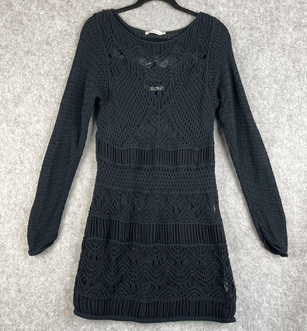 Abercrombie Fitch Crochet Knit Dress Womens XLP Black Lined Mini Boho Festival